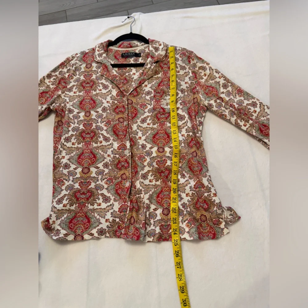 $50 Ralph Lauren Women Ivory Graphic Print‎ Long Paisley-Print Pajama Top Size L